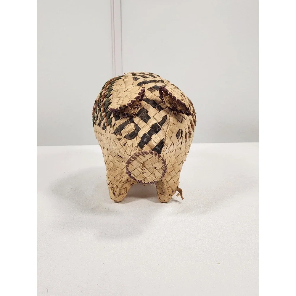VTG Mexican Palm Straw Woven Pig Natural Green Red Design 9